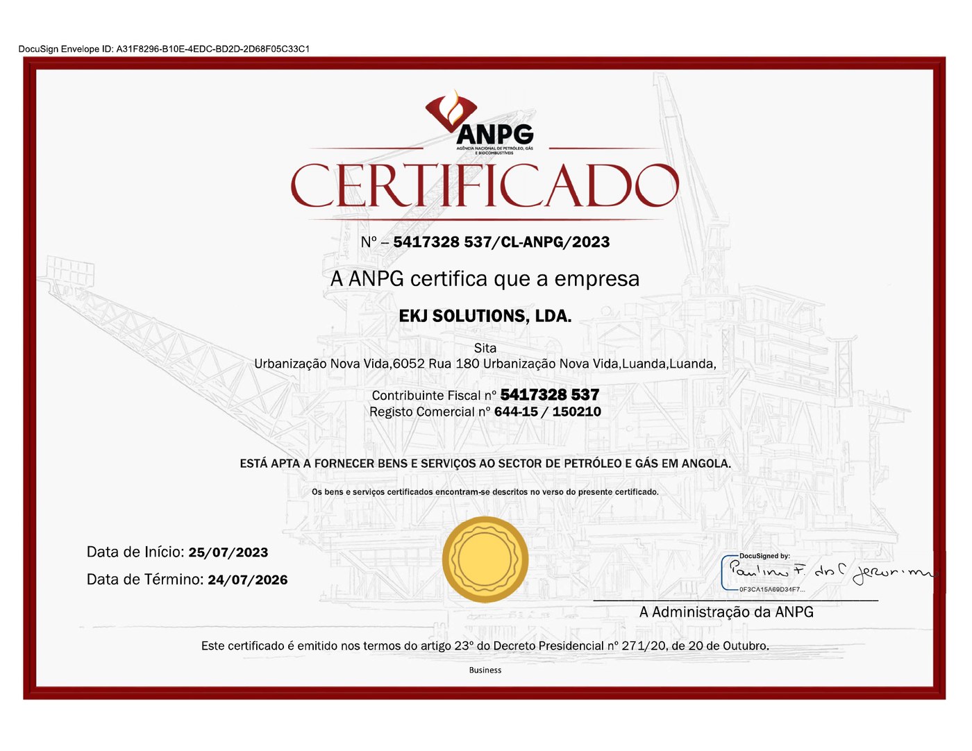 Pré-visualização do certificado ANPG emitido à EKJ Solutions